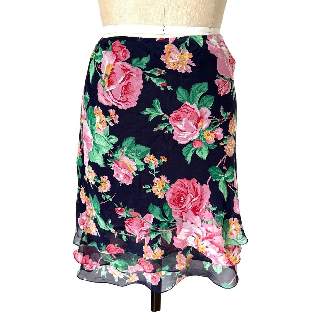 Lauren Ralph Lauren Silk Floral Skirt Navy Blue Pink Roses Ruffle Size 16